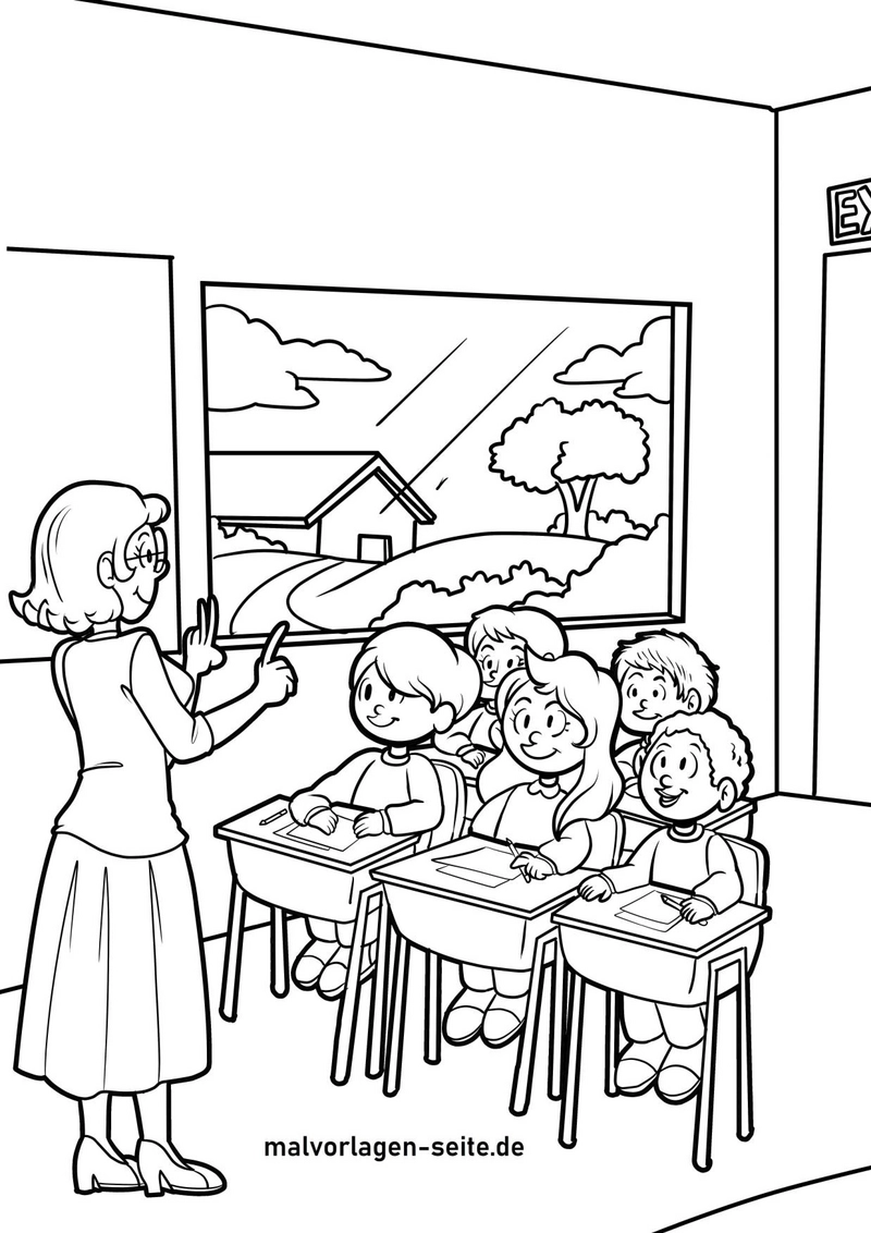 malvorlage-klassenzimmer-lehrerin-und-schueler