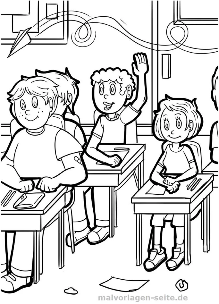 malvorlage-klassenzimmer-mit-kindern-und-papierflieger