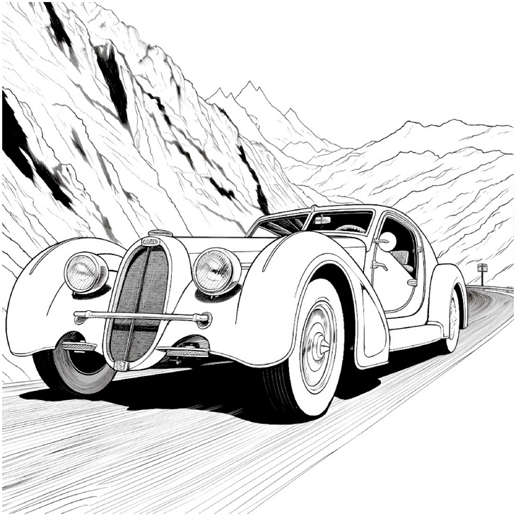 malvorlage-klassisches-auto-auf-kurvenreicher-strasse