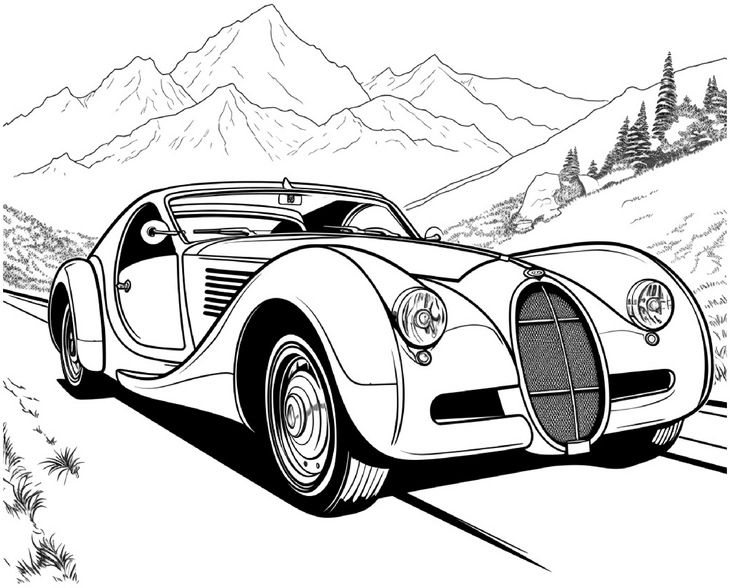 malvorlage-klassisches-auto-in-berglandschaft