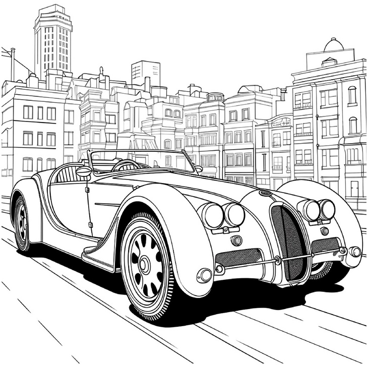 malvorlage-klassisches-auto-in-stadtlandschaft