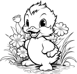 malvorlage-kleine-ente-mit-blumen