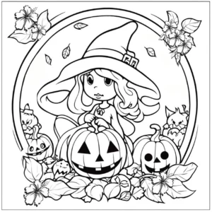 malvorlage-kleine-hexe-mit-kuerbissen-und-blumen