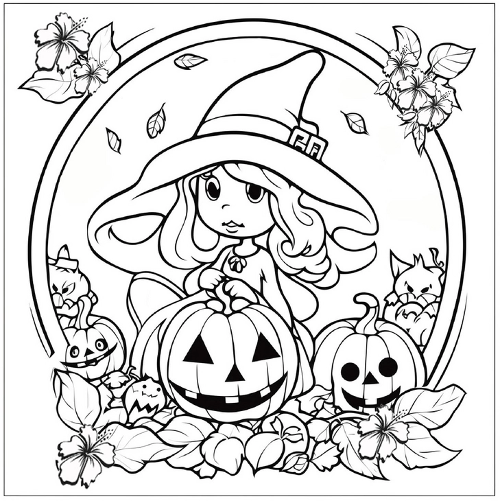 malvorlage-kleine-hexe-mit-kuerbissen-und-blumen