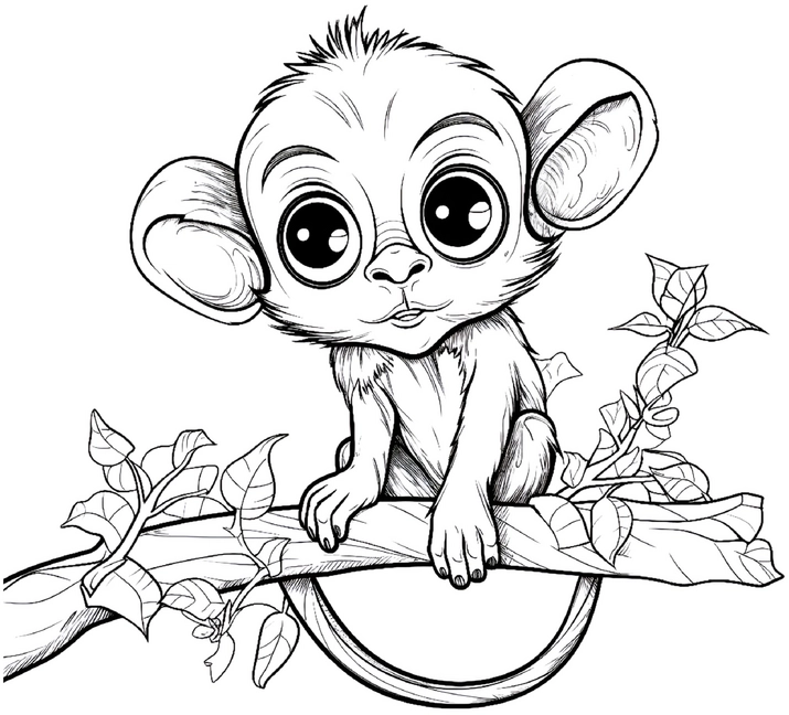 malvorlage-kleiner-affe-auf-ast-mit-pflanzen