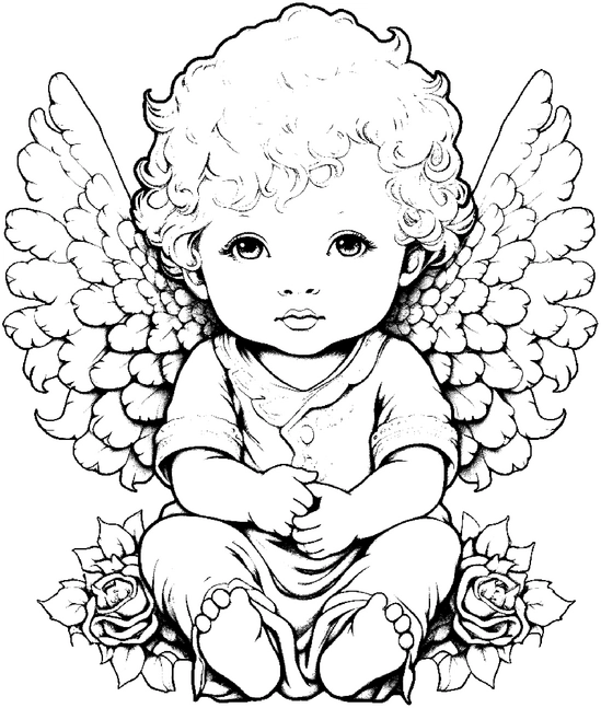 malvorlage-kleiner-engel-mit-fluegeln-und-rosen