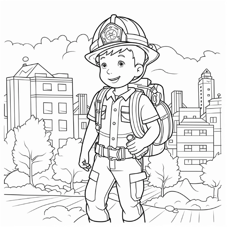 malvorlage-kleiner-feuerwehrmann-in-stadtlandschaft