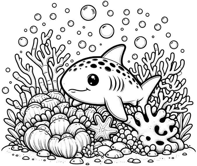 malvorlage-kleiner-hai-mit-korallen-und-meerespflanzen