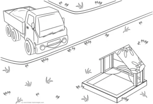 malvorlage-kleiner-laster-und-baustellenhaeuschen