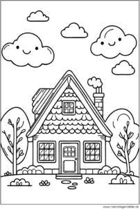 malvorlage-kleines-haus-mit-baeumen-und-wolken