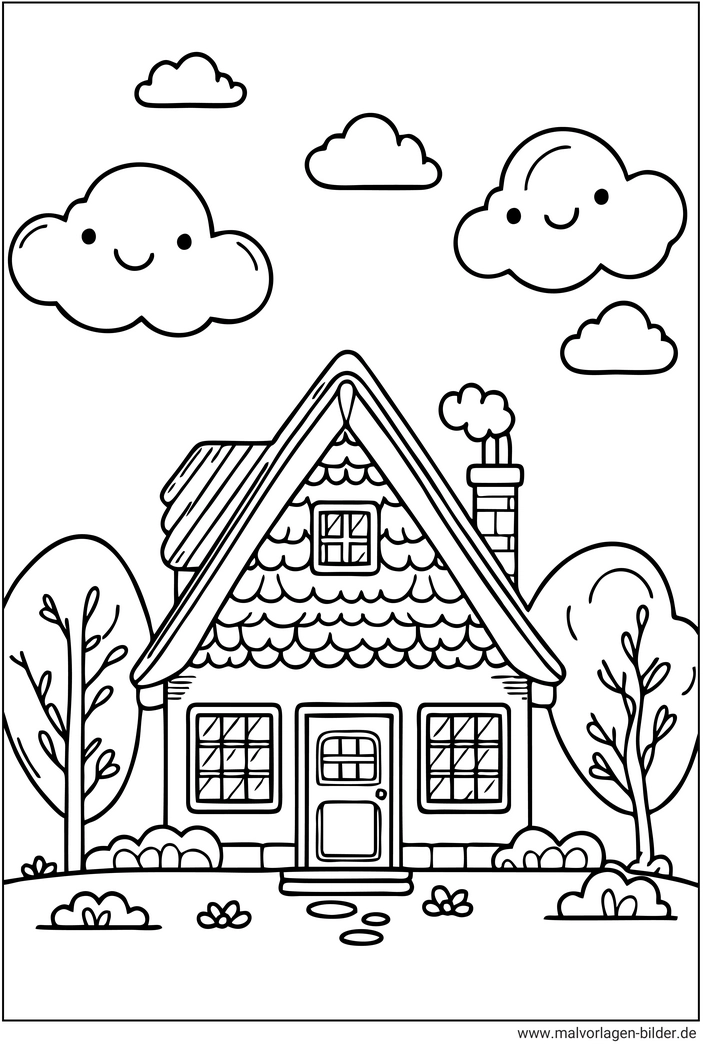 malvorlage-kleines-haus-mit-baeumen-und-wolken