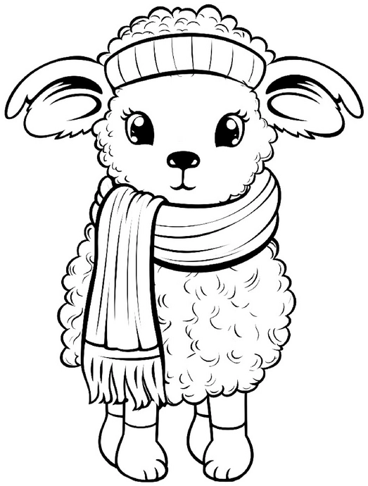 malvorlage-kleines-schaf-mit-winteraccessoires