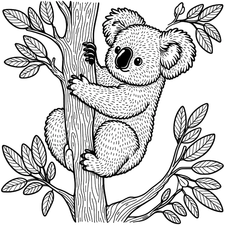 malvorlage-koala-am-baum-mit-blaettern