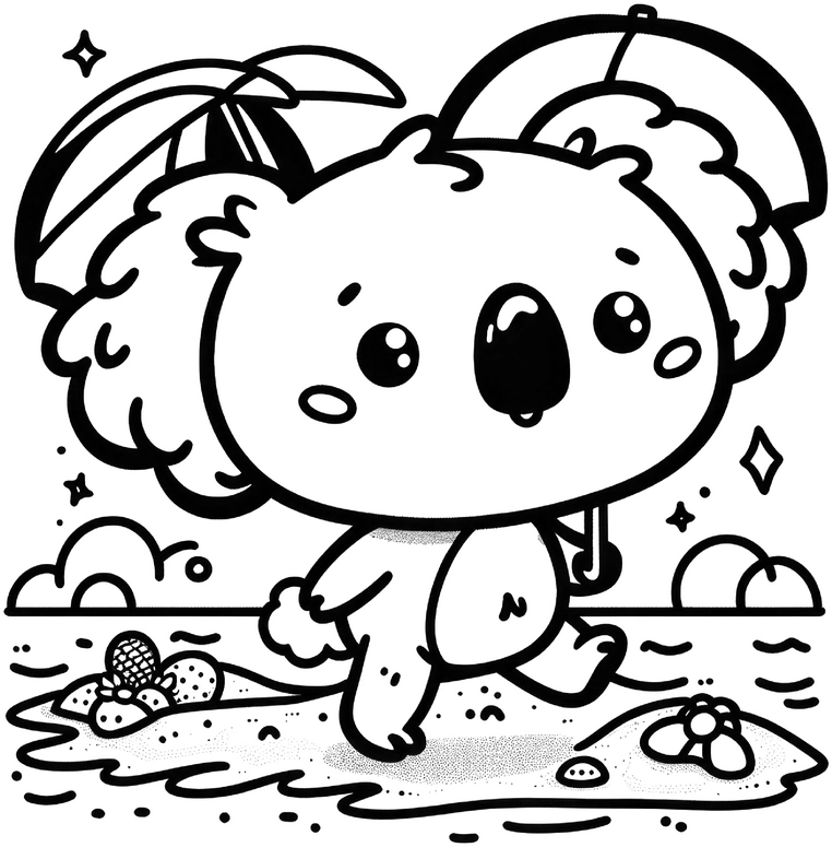 malvorlage-koala-am-strand-mit-regenschirm