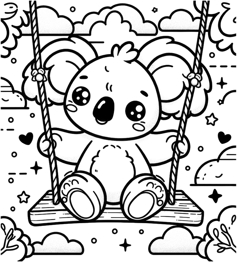 malvorlage-koala-auf-schaukel-mit-herzen