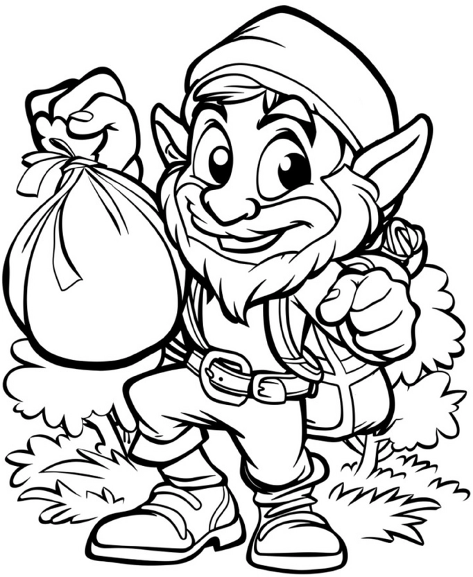 malvorlage-kobold-mit-geschenksack-im-wald