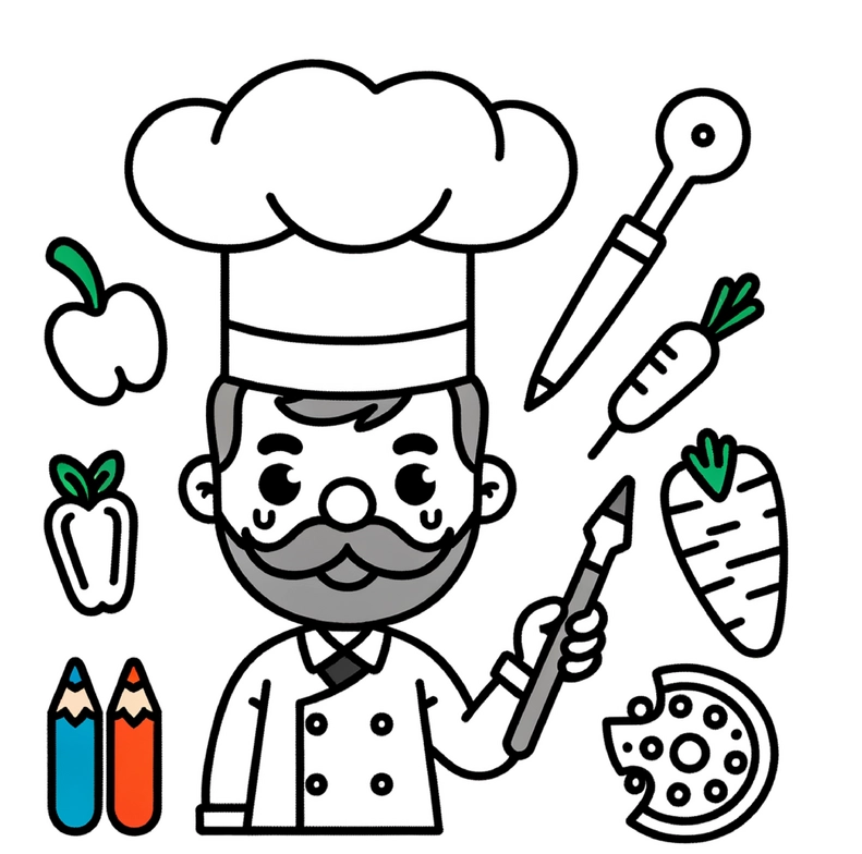malvorlage-koch-mit-gemuese-und-malutensilien