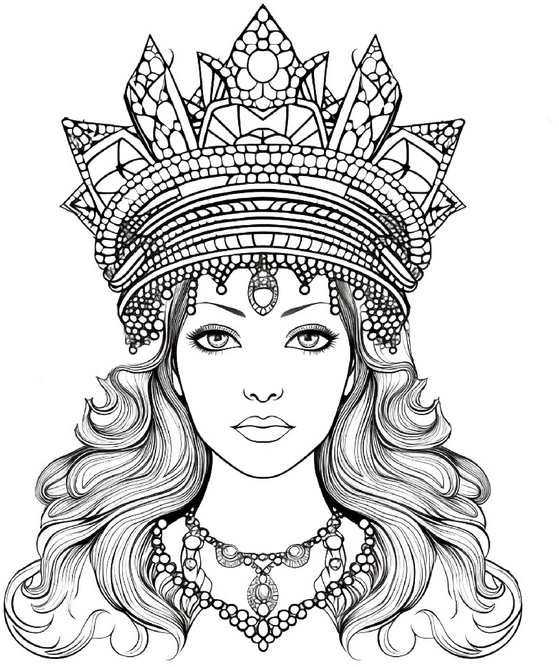 malvorlage-koenigin-mit-diadem-und-schmuck
