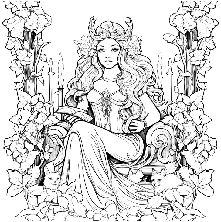 malvorlage-koenigin-mit-katzen-in-blumenrahmen