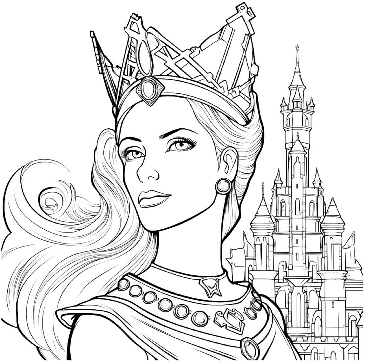 malvorlage-koenigin-mit-schloss-ausmalen