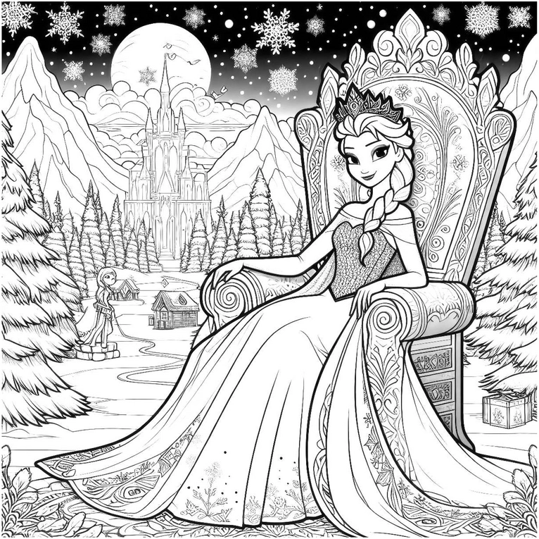 malvorlage-koenigin-thron-winterlandschaft