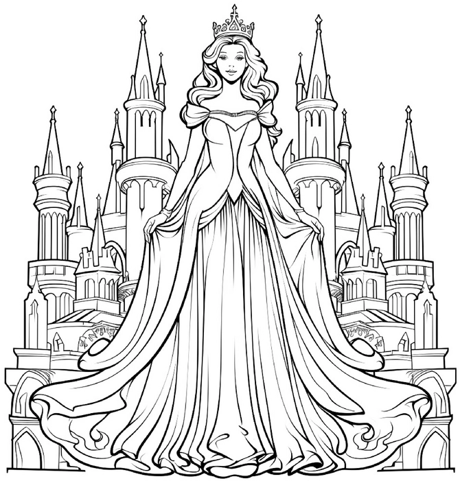 malvorlage-koenigin-vor-schloss-mit-maerchenmotiven