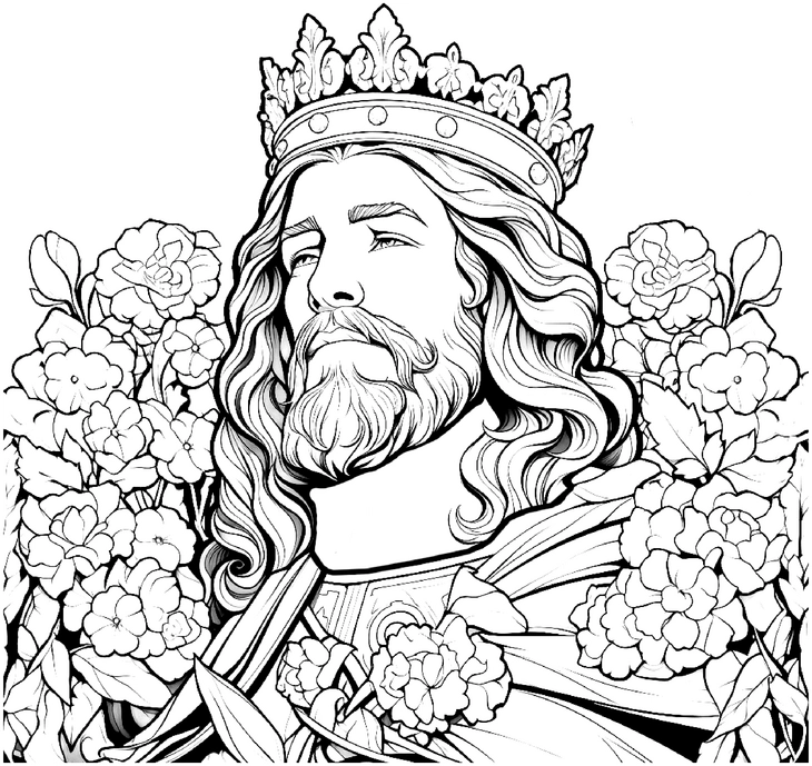 malvorlage-koeniglicher-koenig-umgeben-von-blumen