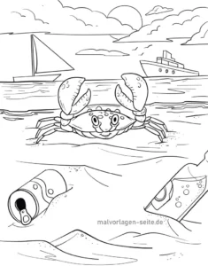malvorlage-krabbe-im-meer-mit-segelboot-und-muell