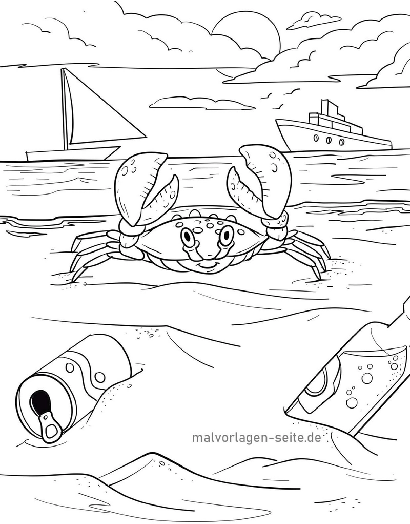 malvorlage-krabbe-im-meer-mit-segelboot-und-muell