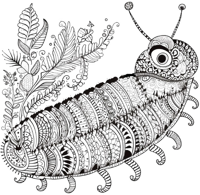 malvorlage-kreative-raupe-mit-pflanzenmustern