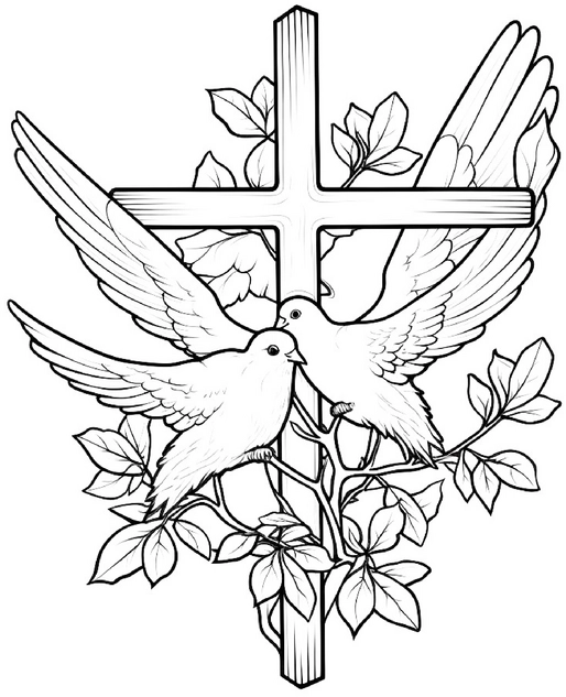 malvorlage-kreuz-und-voegel-mit-blaettern