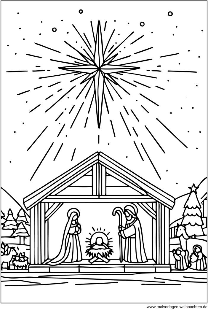 malvorlage-krippe-mit-weihnachtsstern