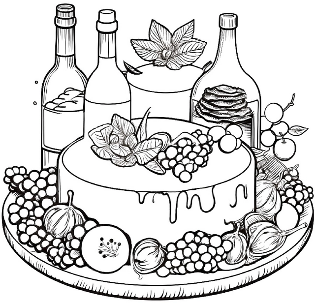 malvorlage-kuchen-mit-fruechten-und-getraenken