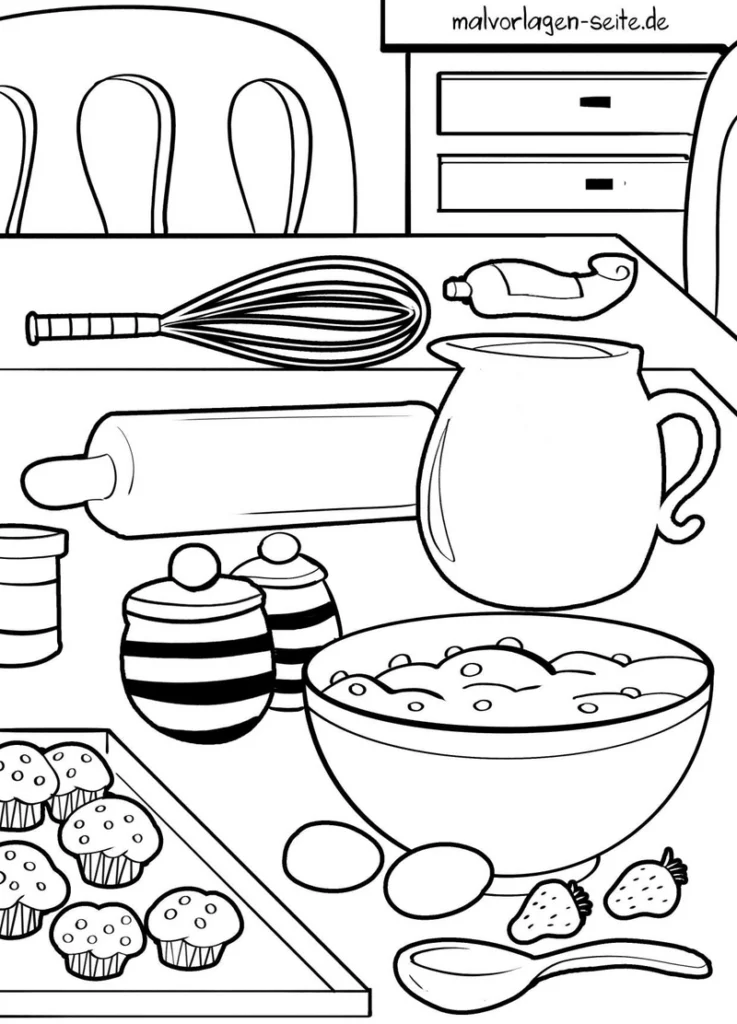 malvorlage-kuechenszene-mit-backutensilien-und-muffins
