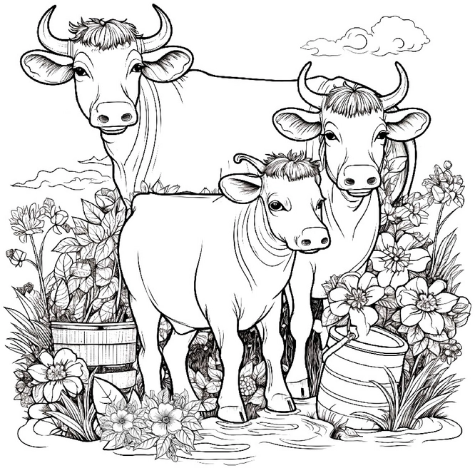 malvorlage-kuehe-in-bluehender-landschaft
