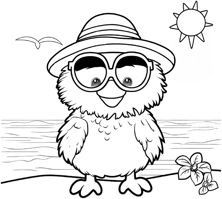 malvorlage-kueken-am-strand-mit-sonnenbrille-und-hut