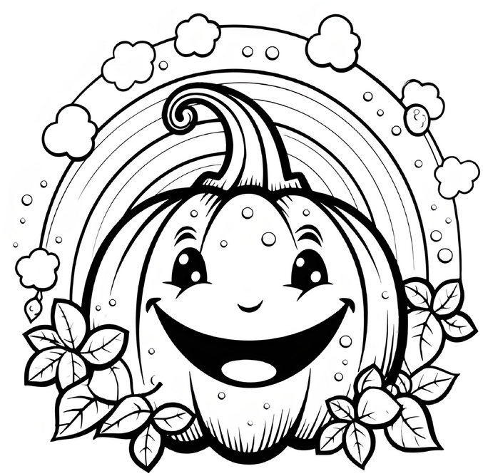 malvorlage-kuerbis-mit-regenbogen-und-blaettern