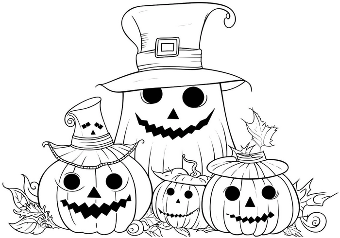 malvorlage-kuerbisse-und-gespenst-fuer-halloween
