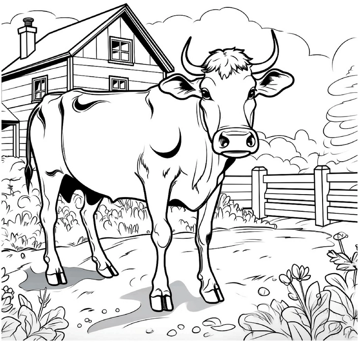 malvorlage-kuh-auf-dem-bauernhof-mit-pflanzen