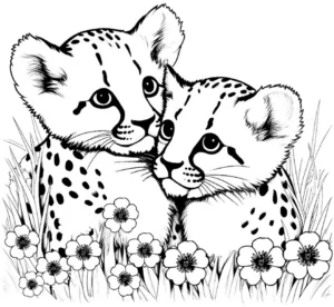 malvorlage-kuschelige-geparden-in-blumen