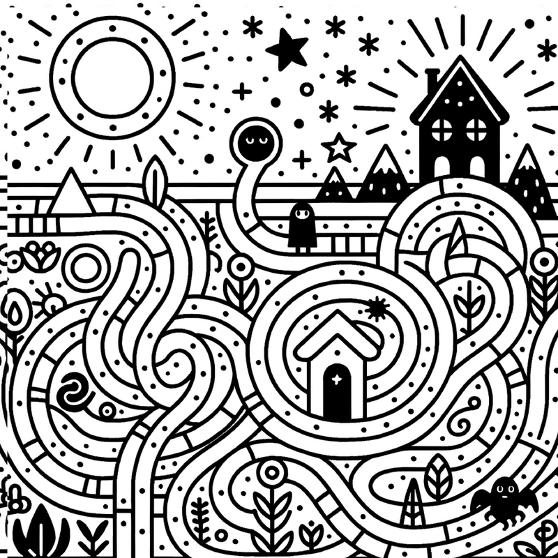 malvorlage-labyrinth-mit-sonne-und-figuren