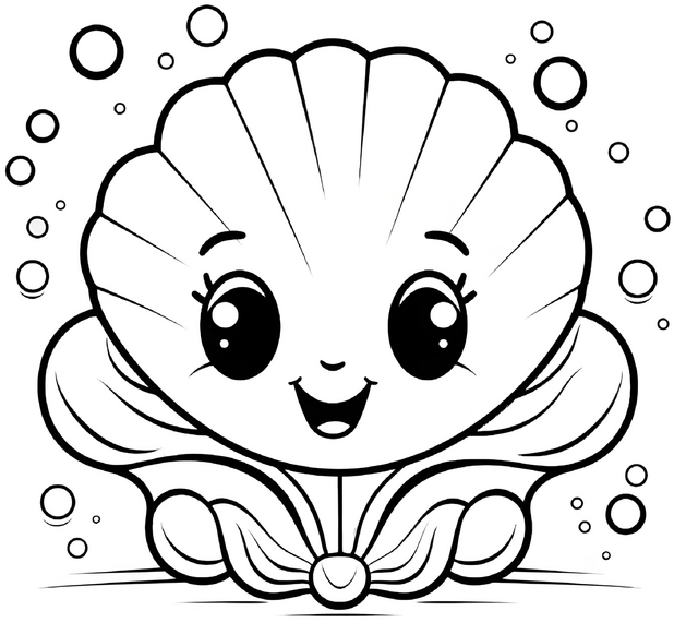 malvorlage-laechelnde-muschel-mit-bubbles