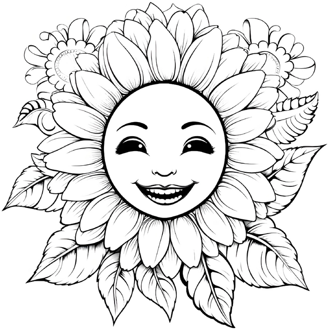 malvorlage-laechelnde-sonnenblume-blueten-und-freude