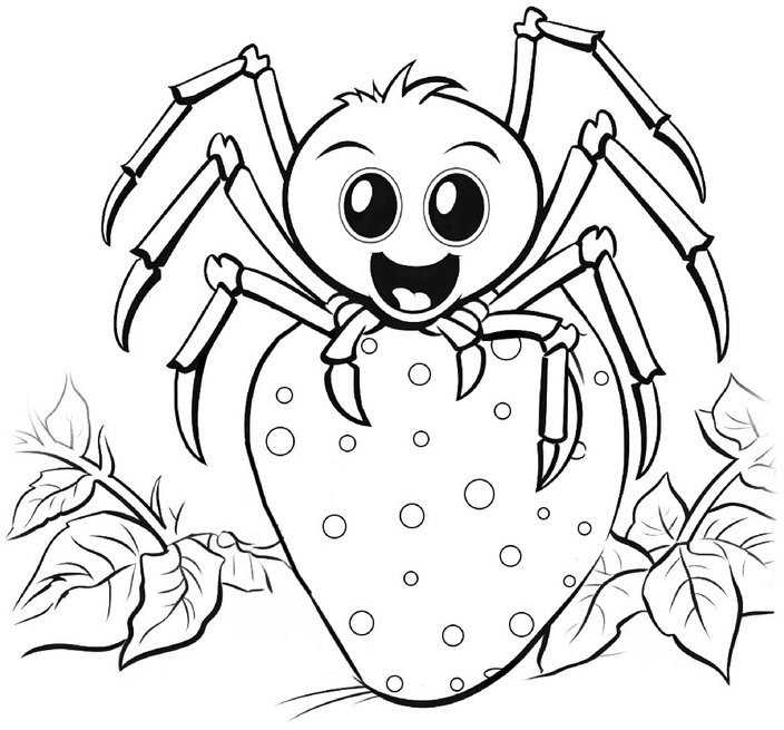 malvorlage-laechelnde-spinne-auf-erdbeere