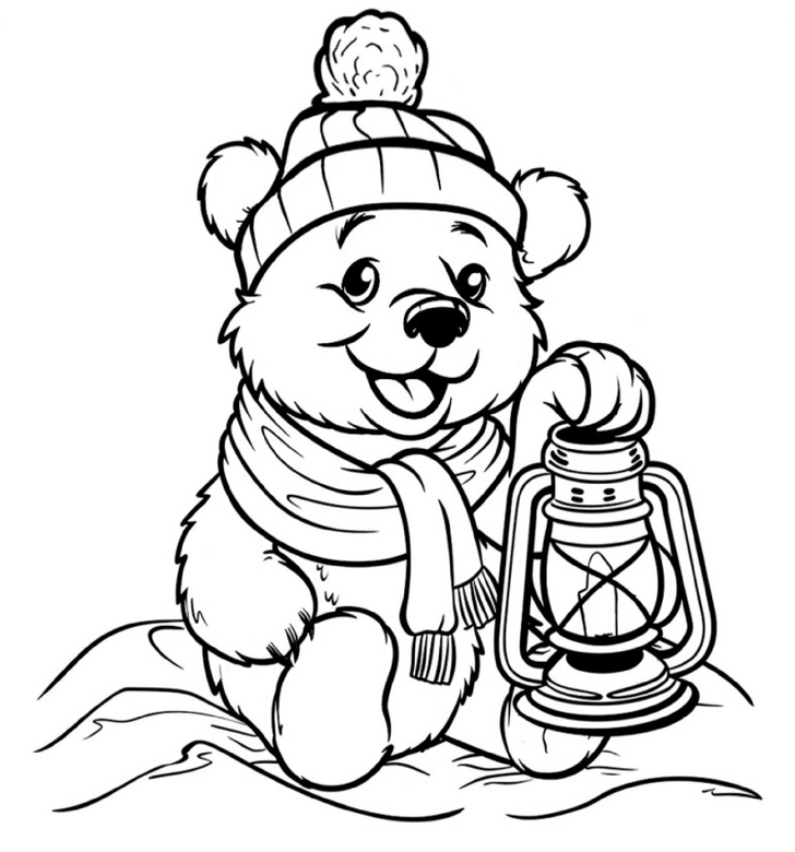 malvorlage-laechelnder-baer-mit-laterne-im-winter
