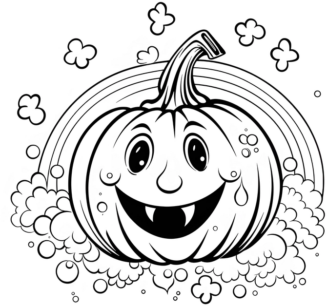 malvorlage-laechelnder-kuerbis-mit-regenbogen-und-wolken