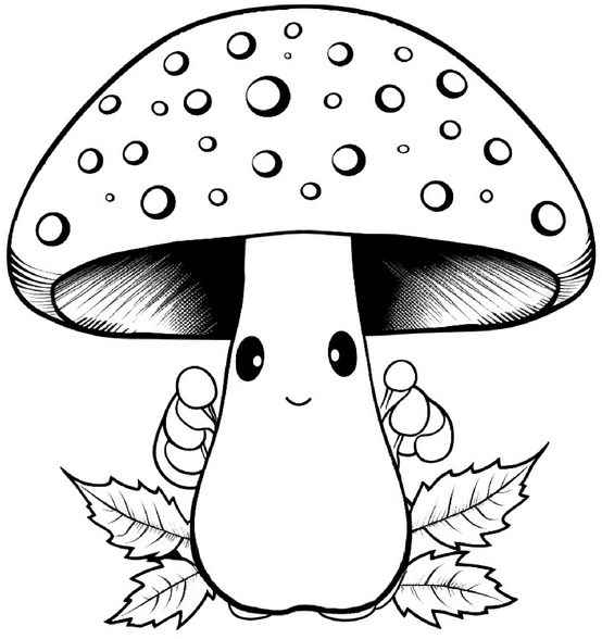 malvorlage-laechelnder-pilz-mit-punkten-und-blaettern