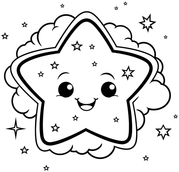 malvorlage-laechelnder-stern-mit-wolken-und-funkelnden-sternen