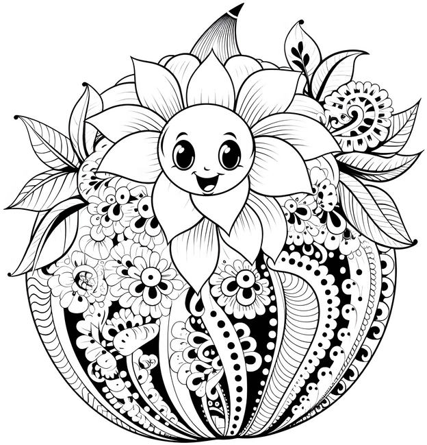 malvorlage-laechelndes-sonnenblumen-gesicht-und-floralen-mustern