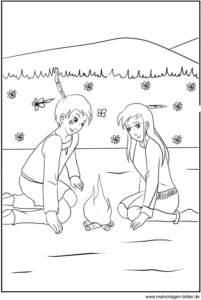 malvorlage-lagerfeuer-mit-freunden-in-der-natur